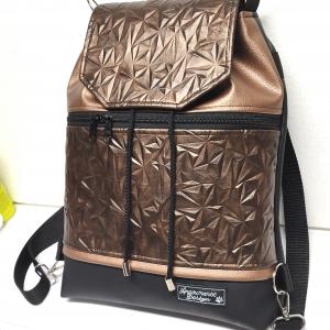 Fedélrészes zsinóros 3in1 hátizsák univerzális táska - Metál kristályos bronz feketével