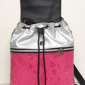Fedélrészes zsinóros 3in1 hátizsák univerzális táska - Pink hüllő - fekete - ezüst