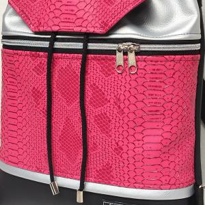 Fedélrészes zsinóros 3in1 hátizsák univerzális táska - Pink hüllő - fekete - ezüst