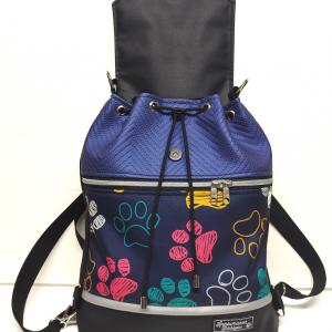 Fedélrészes zsinóros 3in1 hátizsák univerzális táska - Színes tappancsok kék fekete alapon
