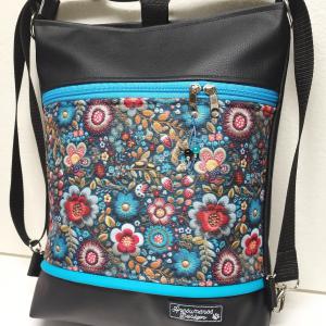 Folk virágok 3in1 textilbőr hátizsák  fekete alap türkíz díszítéssel