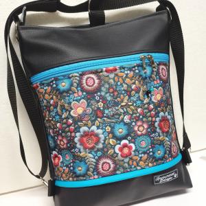 Folk virágok 3in1 textilbőr hátizsák  fekete alap türkíz díszítéssel