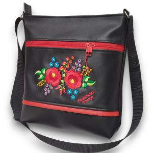 Hímzett 30x30-as kalocsai virágos pakolós válltáska oldaltáska fekete HungarianFolkart07