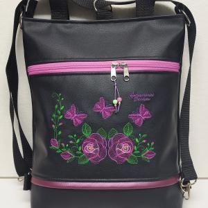 Hímzett 4in1 hátizsák univerzális táska rózsák és pillangók fekete alapon