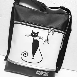 Hímzett cicás 3in1 hátizsák univerzális táska fekete-fehér-ezüst