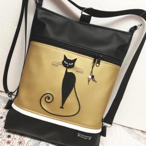 Hímzett cicás 3in1 hátizsák univerzális táska fekete-óarany