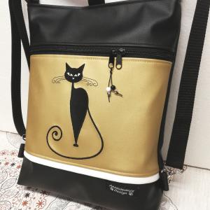 Hímzett cicás 3in1 hátizsák univerzális táska fekete-óarany