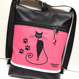 Hímzett cicás tappancsos 3in1 hátizsák univerzális táska fekete-élénk rózsaszín