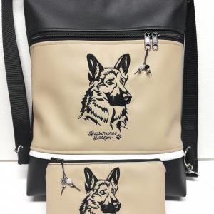 Hímzett németjuhász kutya 3in1 női szett hátizsák+neszi drapp-fekete