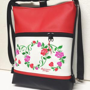 Hímzett rózsakoszorú fekete fehér piros alapon 3in1 textilbőr hátizsák oldaltáska