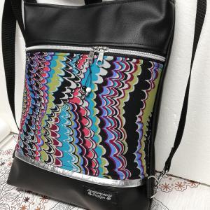 Hullámok 3in1 designer textilbőr hátizsák oldaltáska fekete alap ezüst cipzárral