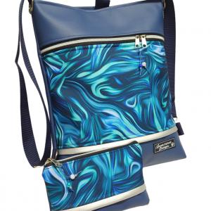 Hullámzó tenger  3in1  textilbőr szett hátizsák + neszi kék alap ezüst cipzárral