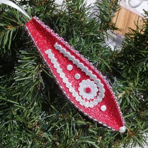 Kézműves csillogó cseppdísz karácsonyfadísz dekoráció 13cm piros-ezüst