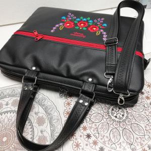 Laptop táska irattartó táska HungarianFolkart15 fekete alapon színes hímzéssel