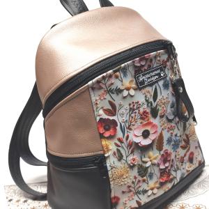 MAXIM BackPack L hátizsák - 3D hatású virágokkal púder és fekete alapon textilbőr pántokkal 35x28x16