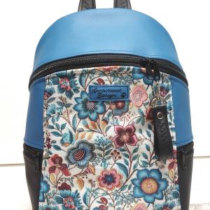 MAXIM BackPack L hátizsák - Folk virágok kék fekete alapon textilbőr pántokkal 36x28x16