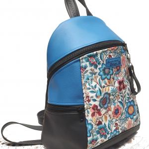 MAXIM BackPack L hátizsák - Folk virágok kék fekete alapon textilbőr pántokkal 36x28x16