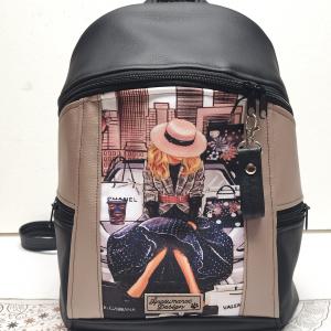 MAXIM BackPack L hátizsák - Hölgy Párizsban púder és fekete alapon textilbőr pántokkal 36x28x16