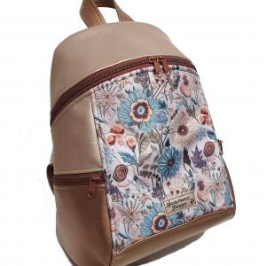 MAXIM BackPack L hátizsák - Réti virágok púder és bronz alapon textilbőr pántokkal 36x28x16