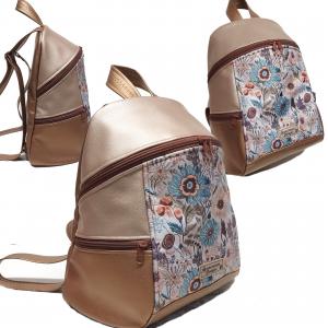 MAXIM BackPack L hátizsák - Réti virágok púder és bronz alapon textilbőr pántokkal 36x28x16