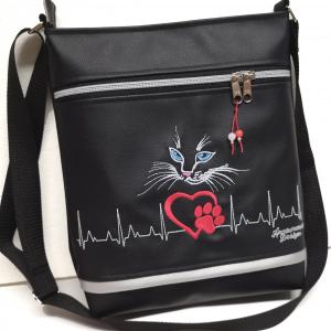 Női 26x30 crossbody oldaltáska - Szívdobogás Hímzett EKG szív tappancs cica