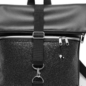 Roll Up Maxi dupla pántos hátizsák sok zsebbel - Elegáns fekete - kristályos fekete , ezüst cipzárral