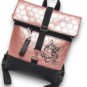 Roll Up Maxi dupla pántos hátizsák sok zsebbel - Hímzett cicás Fekete-rose