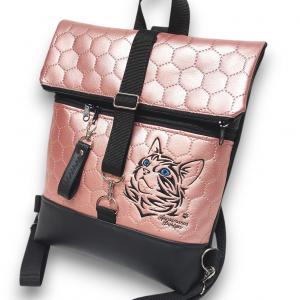 Roll Up Maxi dupla pántos hátizsák sok zsebbel - Hímzett cicás Fekete-rose