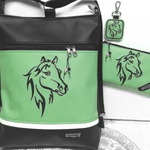 Szettben olcsóbban! Hímzett lovas 3in1 szett-táska-pénztárca-kulcstartó fekete-zöld