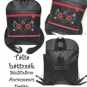 Tália hátizsák 4 zsebbel - Elegáns fekete Hungarian Folkart24 Kalocsai virágos hátizsák