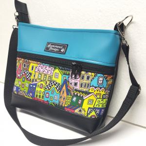 Three colors crossbody oldaltáska övtáska 26x21cm - Házikók türkizzel