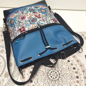 Zsinóros 3in1 hátizsák univerzális táska - Virágok kék fekete alapon