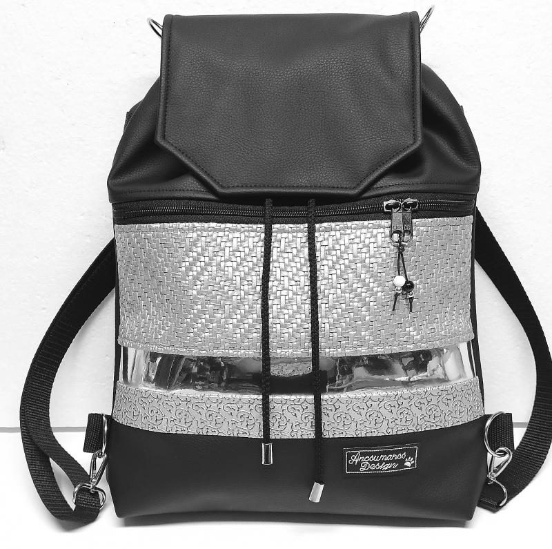 Fedélrészes zsinóros 3in1 hátizsák univerzális táska - Ezüst tükör fekete