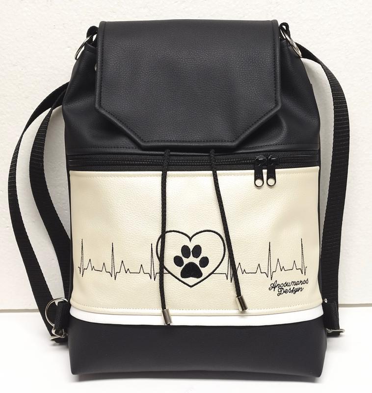 Fedélrészes zsinóros 3in1 hátizsák univerzális táska - Hímzett EKG szív tappancs pezsgő-fekete