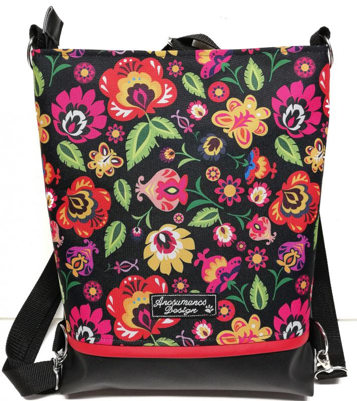 Folk virágok - hátulzsebes 3in1 textilbőr hátizsák univerzális táska