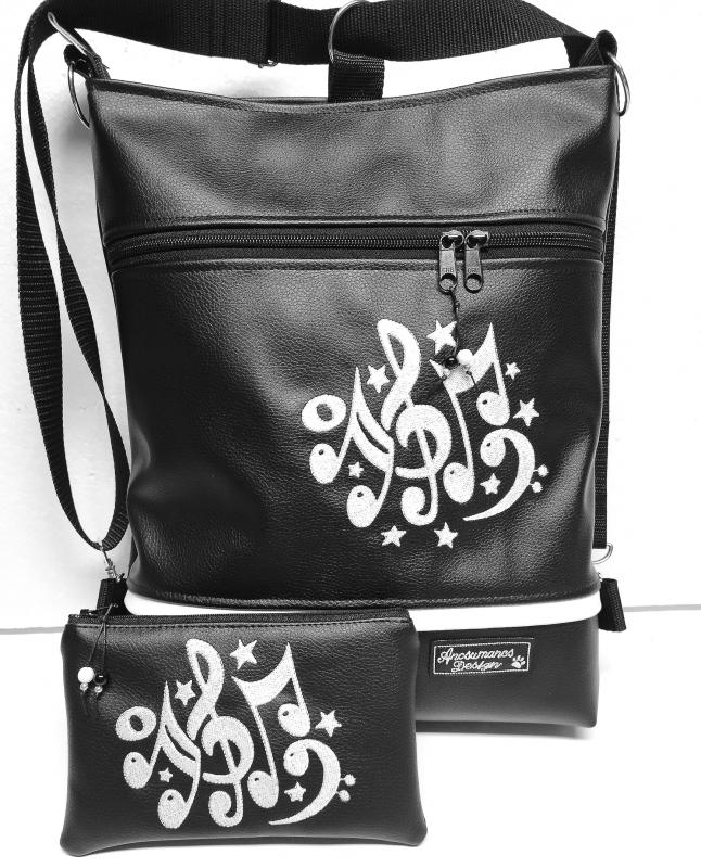 Hangjegyes 3in1 hátizsák szett univerzális táska neszivel fekete alapon fehér hímzéssel