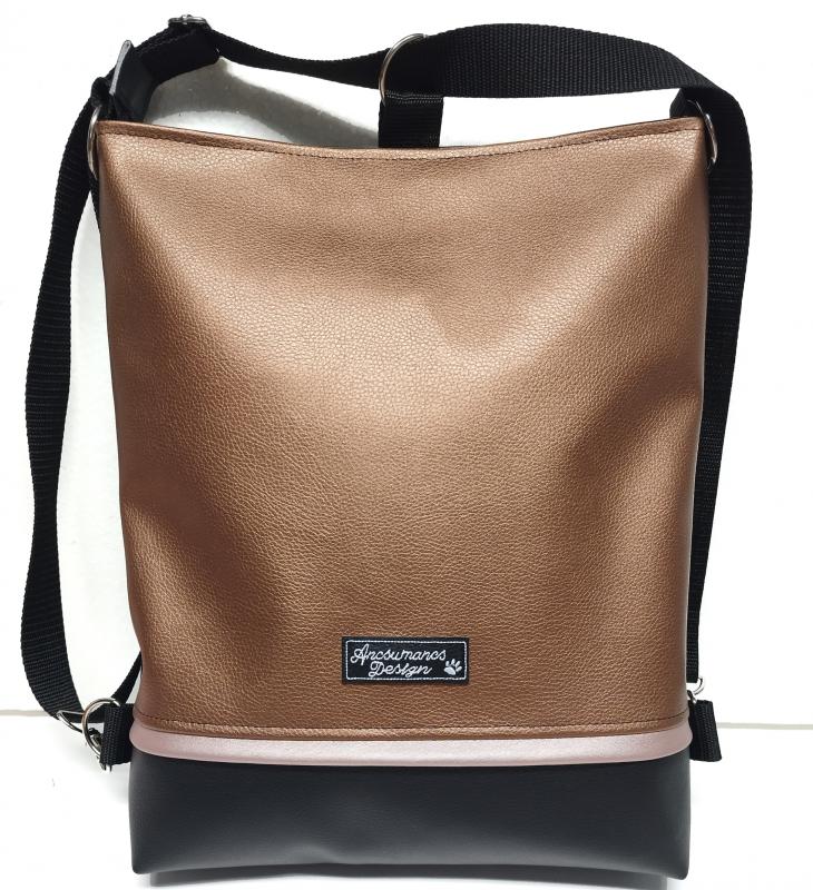 Hátulzsebes 3in1 textilbőr hátizsák univerzális táska - Metál bronz feketével