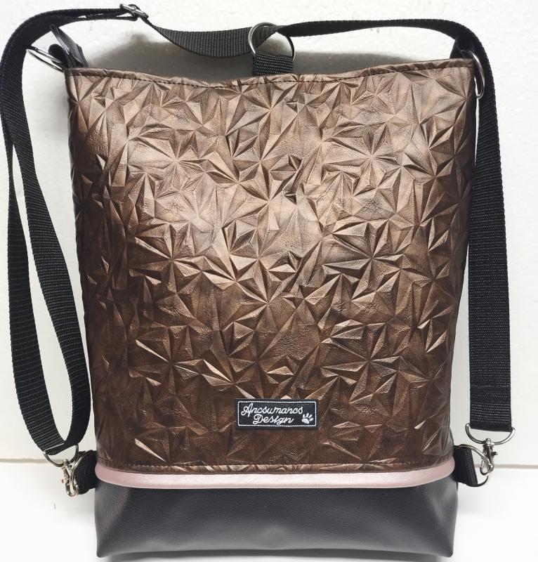 Hátulzsebes 3in1 textilbőr hátizsák univerzális táska - Metál kristályos bronz feketével