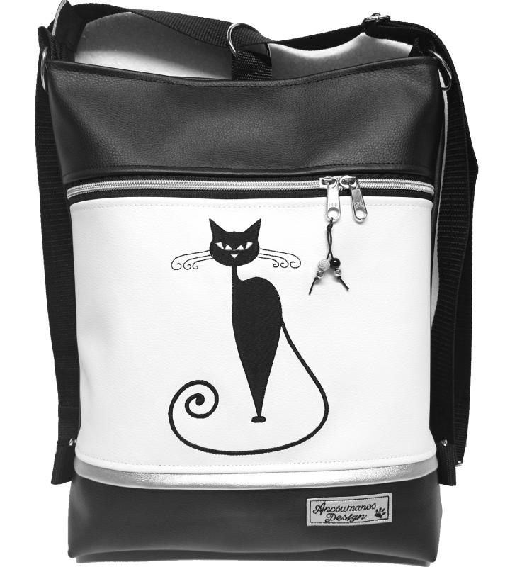 Hímzett cicás 3in1 hátizsák univerzális táska fekete-fehér-ezüst