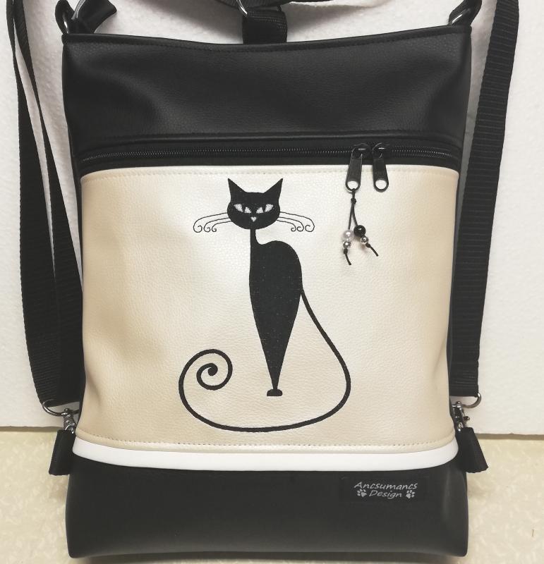 Hímzett cicás 3in1 hátizsák univerzális táska fekete-gyöngyházpezsgő