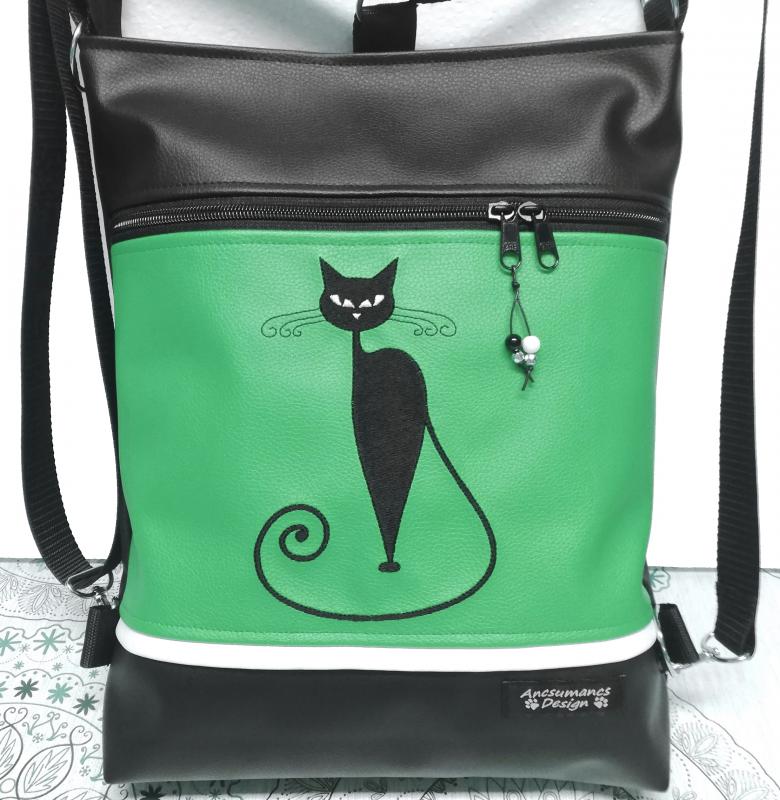 Hímzett cicás 3in1 hátizsák univerzális táska fekete-zöld
