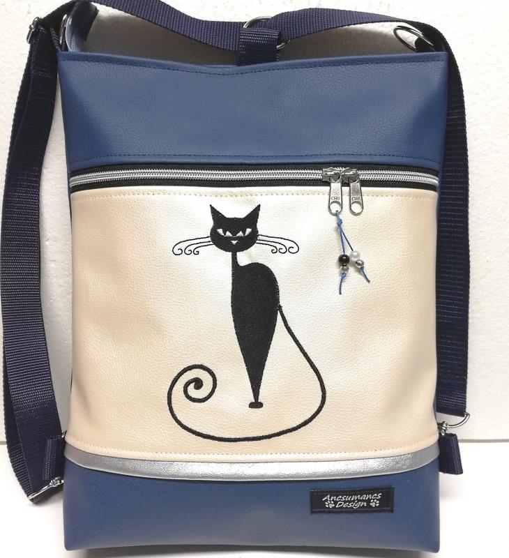 Hímzett cicás 3in1 hátizsák univerzális táska kék-pezsgő