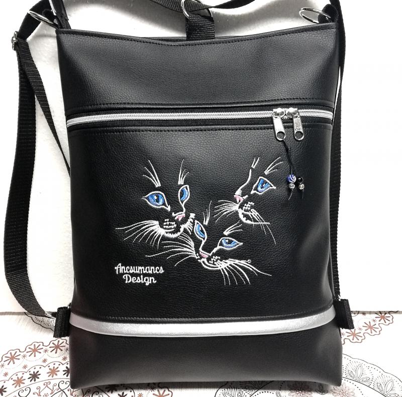 Hímzett kékszemű cicák 3in1 hátizsák univerzális táska fekete