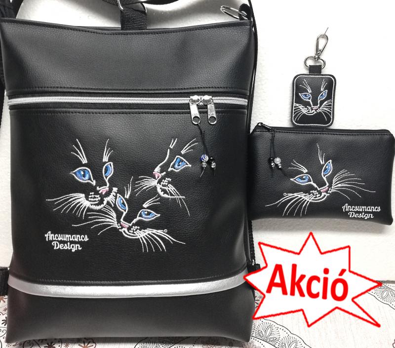 Hímzett kékszemű cicák 3in1 hátizsák,pénztárca,kulcstartó szett