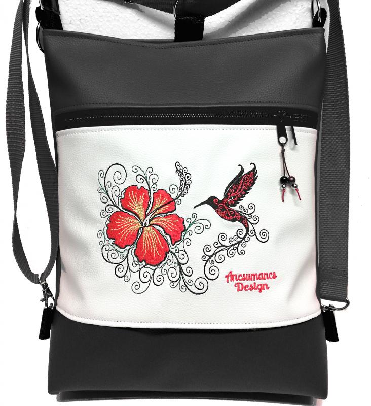 Hímzett kolibri madaras 3in1 hátizsák univerzális táska fekete-fehér