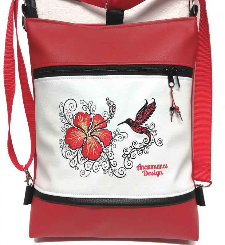 Hímzett kolibri madaras 3in1 hátizsák univerzális táska piros-fehér