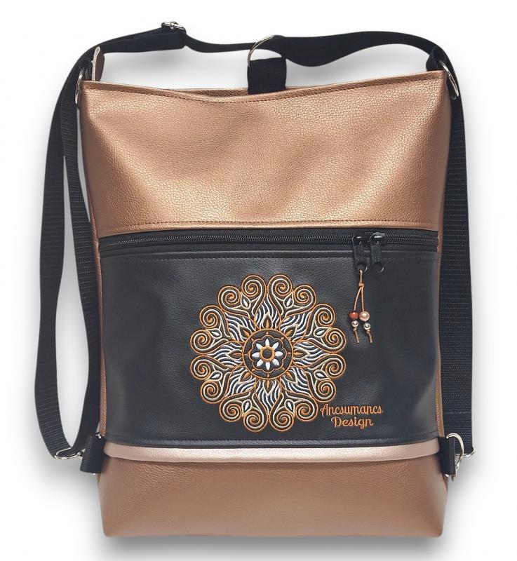 Hímzett mandalás 3in1 hátizsák univerzális táska Bronz fekete (mandala002)