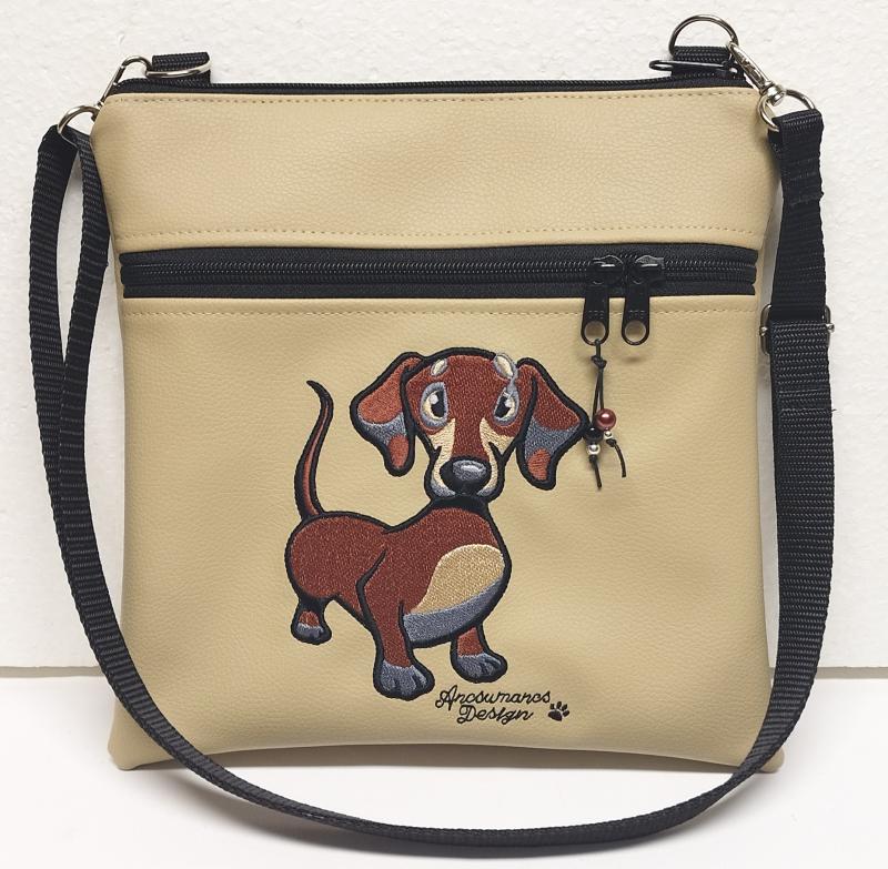 Hímzett tacskó kutya textilbőr táska övtáska 25x25
