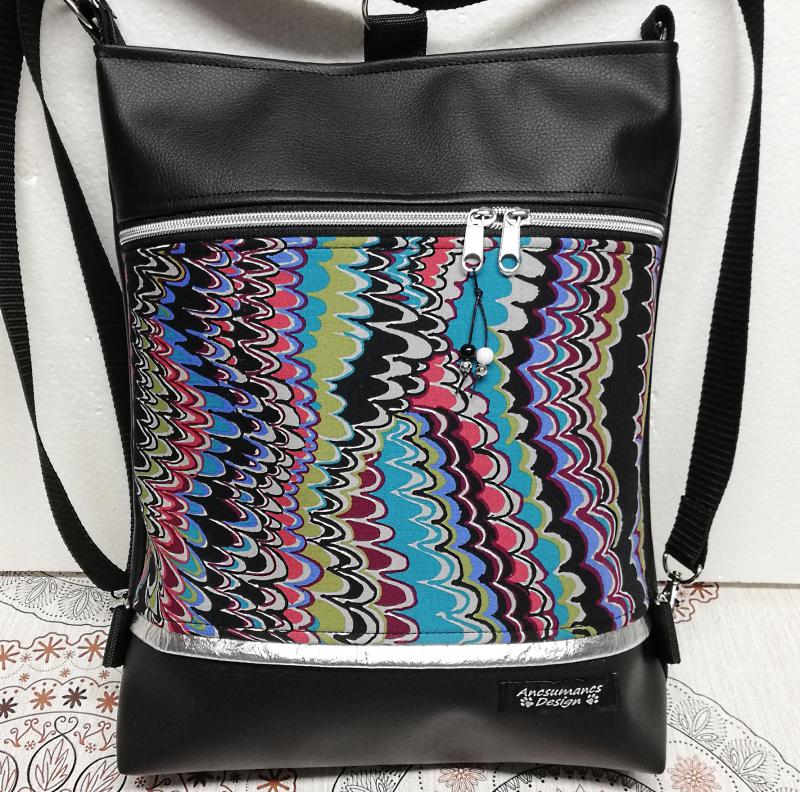 Hullámok 3in1 designer textilbőr hátizsák oldaltáska fekete alap ezüst cipzárral