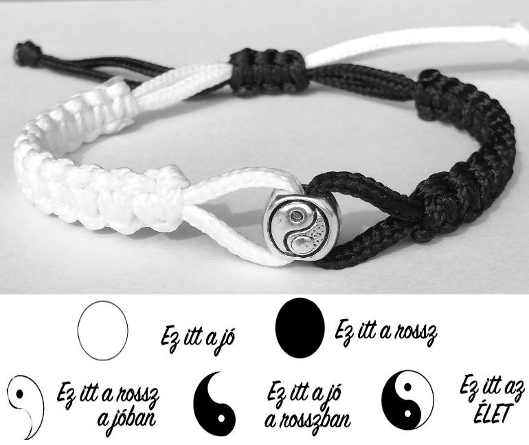 Jin-jang (yin-yang) egyensúly kabala makramé karkötő fekete-fehér